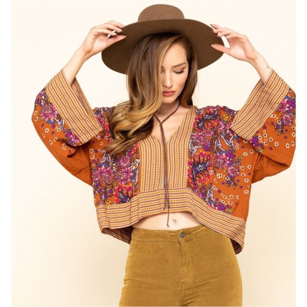 FREE PEOPLE ORANGE AND PURPLE V NECK BLOUSE